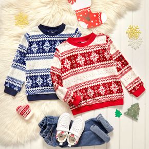 Kid Boy/Kid Girl Christmas Snowflake Pattern Colorblock Fuzzy Pullover Sweatshirt