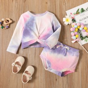 2pcs Baby Girl Multi-color Tie Dye Long-sleeve Twist Knot Top and Shorts Set