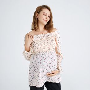 Nursing Double Ruffle Plant Print Off-Shoulder Long-sleeve Maternity Top
