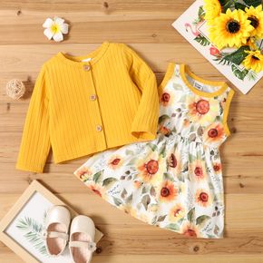 2pcs Baby-Sonnenblumen-Blumendruck ärmelloses Kleid und feste gerippte Langarm-Strickjacke-Set