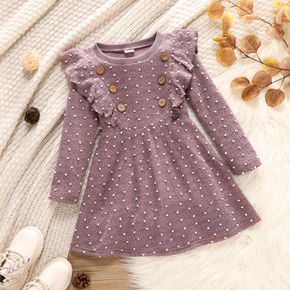 Toddler Girl Polka dots Button Design Ruffled Long-sleeve Dress