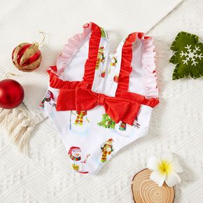 Christmas All Over Snowman Print Polka Dot Ruffle Sleeveless Baby Swimsuit