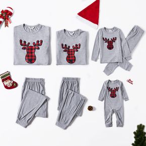 Christmas Plaid Deer Print Snug Fit Grey Family Matching Long-sleeve Pajamas Sets