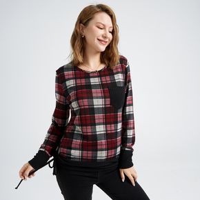 Thanksgiving Patch Pocket Drawstring Ruched Side Plaid Long-sleeve T-shirt