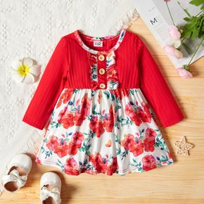 Baby Girl Ribbed Long-sleeve Splicing Floral Print Dress