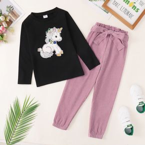 2-piece Kid Girl Unicorn Animal Sequined Long-sleeve Top and Bowknot Decor Paperbag Pants Casual Set
