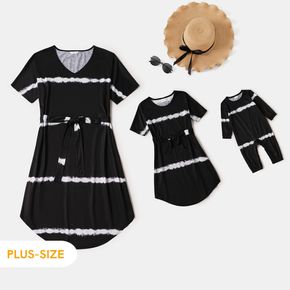 Tie Dye Black Casual Short-sleeve Belted Dress for Mom and Me