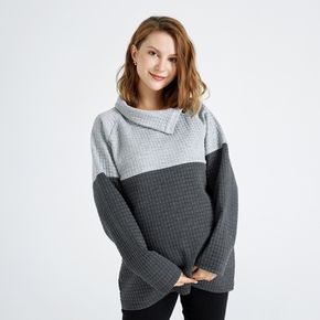 Nursing Waffle Colorblock High Collar Long-sleeve Pullover