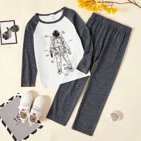 2-piece Kid Boy Astronaut Print Colorblock Long-sleeve Tee and Solid Pants Pajamas Lounge Set (Flame retardant fabric)
