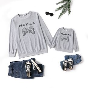 Game Console and Letter Print Grey Crewneck Long-sleeve Tops for Dad and Me