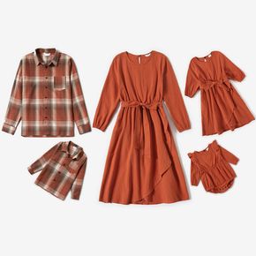 Family Matching Coral Long-sleeve Belted Dresses and Plaid Shirts Sets