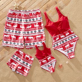 Christmas Reindeer Print Red Family Matching Stretchy Swimsuits Sets