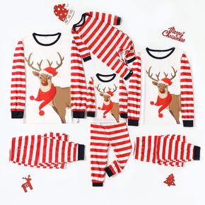 Christmas Reindeer and Stripe Print Long-sleeve Family Matching Pajamas Set (Flame Resistant)