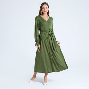 Army Green Button Decor V-neck Long-sleeve Belted Midi Dress