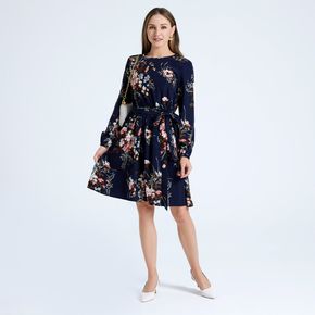 Dark Blue Floral Print Round-collar Belted Short Dress