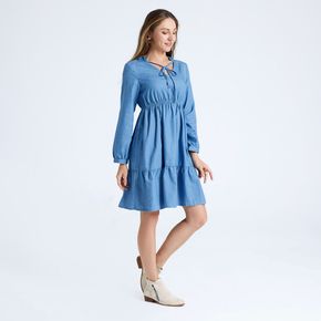 Long-sleeve Wrinkle Blue Midi Dresses