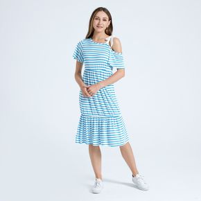 Bowknot Blue Stripe Round Neck Short-sleeve Short Skirt