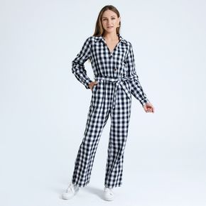 Black and White Plaid Print Half Button Belted Jumpsuit