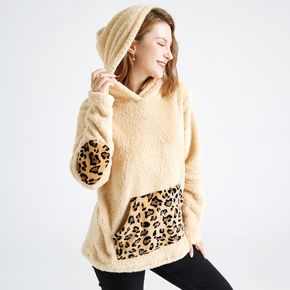 Leopard Splice Long-sleeve Plush Fleece Kangaroo Pocket Hoodie