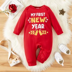 New Year Letter and Number Print Red Baby/Girl Long-sleeve Jumpsuit