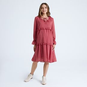 Red Lace Trim Lace-up Layered Long-sleeve Maternity Dress