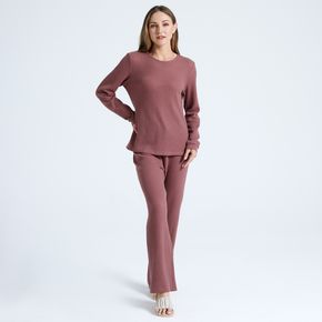 Coral Round Neck Long-sleeve Textured Pajamas