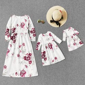 All Over Floral Print White 3/4 Sleeve Party Dress for Mom and Me