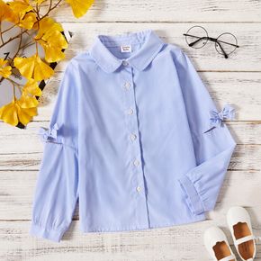 Kid Girl Stripe Bowknot Design Hollow out Lapel Collar Button Design Long-sleeve Shirt