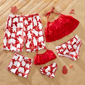 Christmas All Over Polar Bear Print Red Family Matching Halter Neck Ruffle Tops and Shorts Swimsuits