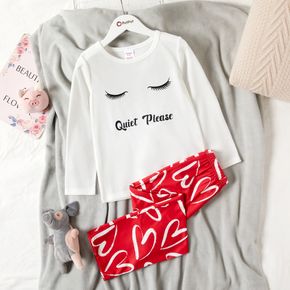 2-piece Kid Girl Letter Eyelash Print Long-sleeve White Tee and Heart Print Pants Pajamas Lounge Set