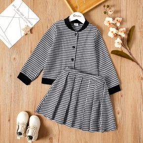 2-piece Kid Girl Houndstooth Button Design Jacket and Pleated Skirt Set
