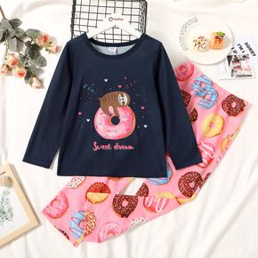2-piece Kid Girl Letter Bear Donuts Print Long-sleeve Tee and Pants Set