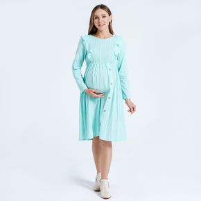 Ruffle Button Decor Solid Long-sleeve Maternity Dress