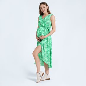 Green Print Ruffle Sleeveless Tie Front Maternity Dress