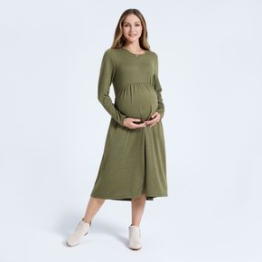 Maternity Green Round-collar Long-sleeve Pocket Dress