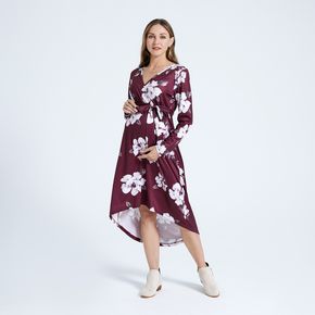 Nursing Burgundy Color Floral Print Asymmetrical Hem Long-sleeve Dress