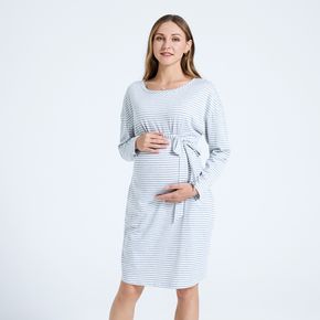 Maternity Stripes Print Round-collar Long-sleeve Belted Dress