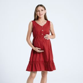 Frill Trim Swiss Dot Button Decor Sleeveless Red Maternity Dress