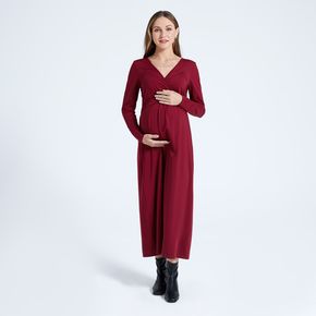 Nursing Burgundy Color V Neck Long-sleeve Dress