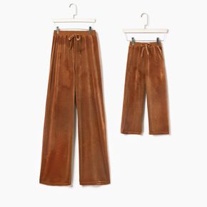 Solid Brown Straight Leg Velvet Casual Pants for Mom and Me