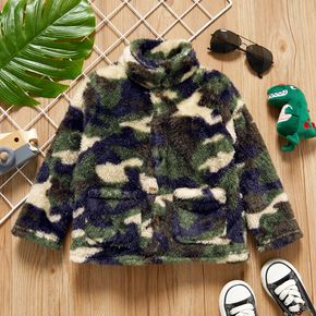 Toddler Boy Camouflage Print Button Design Fuzzy Coat