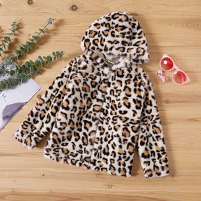 Kid Girl Leopard Print Zipper Fuzzy Hooded Jacket Coat