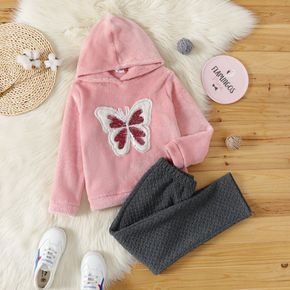 2-piece Kid Girl Animal Butterfly Embroidered Sequined Hoodie Sweatshirt and Textured Pants Set