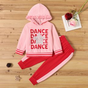 2-piece Toddler Girl 100% Cotton Ruffled Letter Stars Print Hoodie Sweatshirt and Colorblock Pants Set