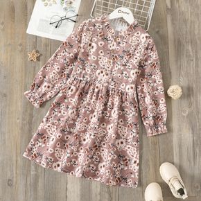 Kid Girl Floral Print Ruffled Button Design Ribbed Long-sleeve Dress