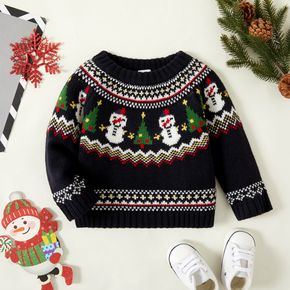 Christmas Tree and Snowman Pattern Black Baby Boy/Girl Long-sleeve Knitted Sweater