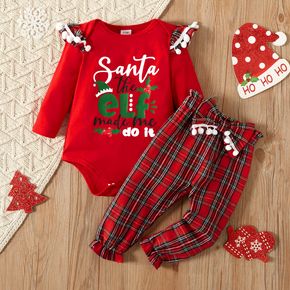 Christmas 2pcs Baby Boy/Girl Letter Print Red Cotton Long-sleeve Romper and Plaid Trousers Set