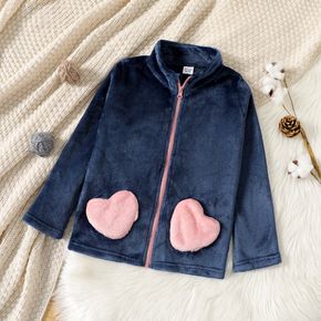 Kid Girl Heart Pattern Pocket Design Zipper Fuzzy Flannel Fleece Jacket
