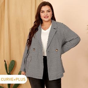 Women Plus Size Elegant Houndstooth Button Design Blazer