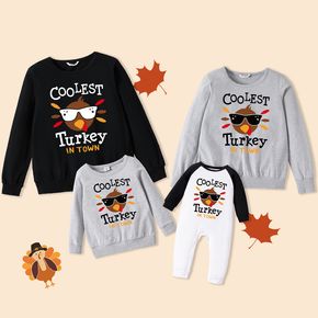 Thanksgiving Day Cartoon Turkey and Letter Print Family Matching Cotton Long-sleeve Sweatshirts
